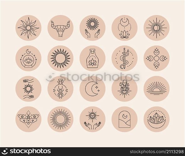 highlight covers. Social media post cover with line abstract esoteric and mystic symbols. Vector isolated set illustration designs mythological symbols colour pastel. highlight covers. Social media post cover with line abstract esoteric and mystic symbols. Vector isolated set