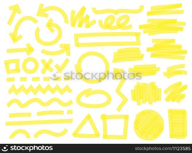 Highlight marker strokes. Yellow checkmark marks, text highlighter lines and highlights marking vector set. Bright arrows, geometric shapes, lines and random scratches isolated on white background. Highlight marker strokes. Yellow checkmark marks, text highlighter lines and highlights marking vector set. Bright arrows, geometric shapes, lines and chaotic scratches isolated on white background