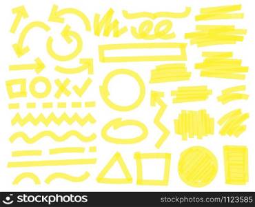 Highlight marker strokes. Yellow checkmark marks, text highlighter lines and highlights marking vector set. Bright arrows, geometric shapes, lines and random scratches isolated on white background. Highlight marker strokes. Yellow checkmark marks, text highlighter lines and highlights marking vector set. Bright arrows, geometric shapes, lines and chaotic scratches isolated on white background