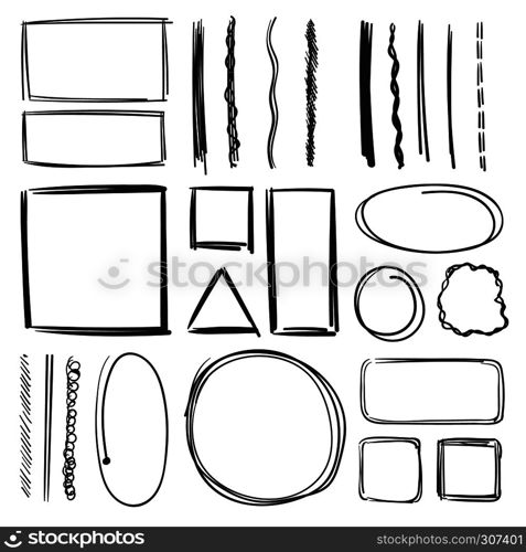 Highlighter, circles and underlines. Vector illustration set of pencil marks. Hand drawn pictures. Sketch underline marker, illustration of black sketch highlighter. Highlighter, circles and underlines. Vector illustration set of pencil marks. Hand drawn pictures