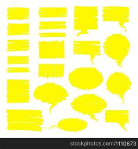 Highlighter pen yellow hand drawn set. Flat scribbled rectangle, square speech bubble and sketchy round talk clouds highlight hand drawings. Vector scribbled illustration for office style design. Highlight permanent pen talk clouds and memo boxes