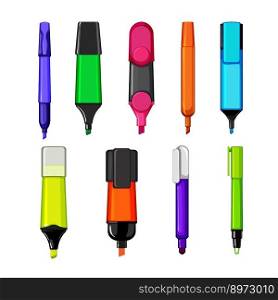 highlighter set cartoon. marker office, pen drawing, color yellow, tool tip, school highlighter vector illustration. highlighter set cartoon vector illustration