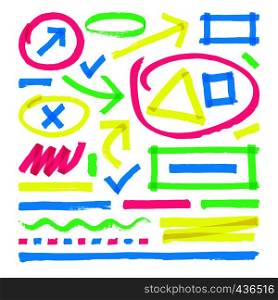 Highlighter vector marks. Color marker stripes, strokes and arrows. Arrow mark colored line, marker stroke scribble for highlighter illustration. Highlighter vector marks. Color marker stripes, strokes and arrows