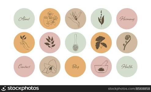 Highlights for a blog and social networks about beauty, cosmetic medicine and women’s health. Icons for a page about herbs. boho