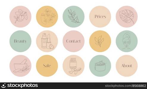 Highlights for blog and social networks about beauty and cosmetics. Icons for Women’s online store with creams and beauty products. boho