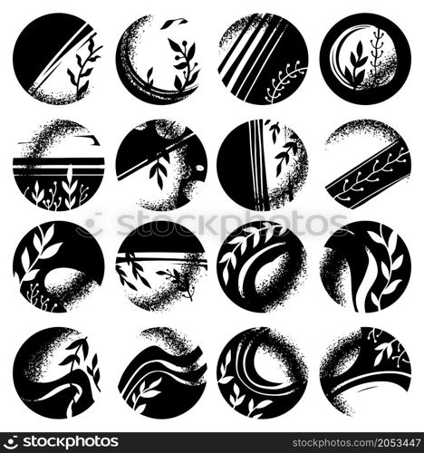 Highlights for stories or avatars in social media, isolated rounded icons with flora and leaves. Trendy and contemporary textures. Marketing and advertisement. Vector in flat style illustration. Story highlights, monochrome flora and leaves