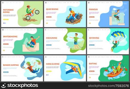 Highlining and motorbike biking, quad bike vector, active lifestyle. Parkour and skateboarding, skydiving and rafting in boat, team in water sports. Website or webpage template, landing page flat style. Motorbike and Quad Biking, Parkour and Rafting