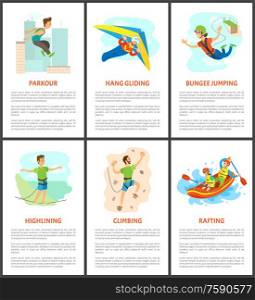 Highlining and parkour vector, bungee jumping and climbing, wall climbing poster with text sample. Adults hang gliding person holding balance flat style. Climbing and Bungee Jumping Rafting Poster Set