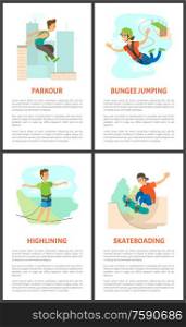 Highlining and skateboarding person vector, man holding balance, bungee jumping woman. Skateboarder teenager wearing cap, extreme sports practice. Parkour and Skateboarding Young Male Poster Set