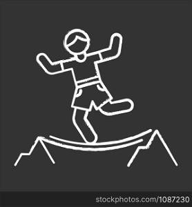 Highlining chalk icon. Slacklining. Walking and balancing on tightrope. Slackliner in mountains. Extreme sport stunt. Walker on rope. Isolated vector chalkboard illustration
