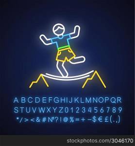 Highlining neon light icon. Slacklining. Walking and balancing on tightrope. Slackliner in mountains. Extreme sport stunt. Walker on rope. Glowing alphabet, numbers. Vector isolated illustration