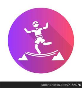 Highlining purple flat design long shadow glyph icon. Slacklining. Walking and balancing on tightrope. Slackliner in mountains. Extreme sport stunt. Walker on rope. Vector silhouette illustration