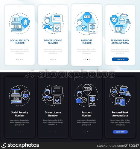 Highly sensitive data night and day mode onboarding mobile app screen. Walkthrough 4 steps graphic instructions pages with linear concepts. UI, UX, GUI template. Myriad Pro-Bold, Regular fonts used. Highly sensitive data night and day mode onboarding mobile app screen