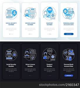 Highly sensitive data night and day mode onboarding mobile app screen. Walkthrough 4 steps graphic instructions pages with linear concepts. UI, UX, GUI template. Myriad Pro-Bold, Regular fonts used. Highly sensitive data night and day mode onboarding mobile app screen