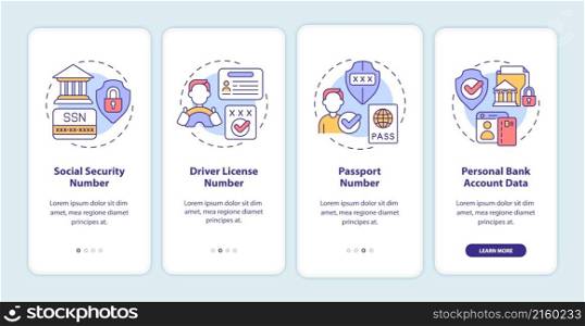 Highly sensitive data onboarding mobile app screen. Confidence walkthrough 4 steps graphic instructions pages with linear concepts. UI, UX, GUI template. Myriad Pro-Bold, Regular fonts used. Highly sensitive data onboarding mobile app screen
