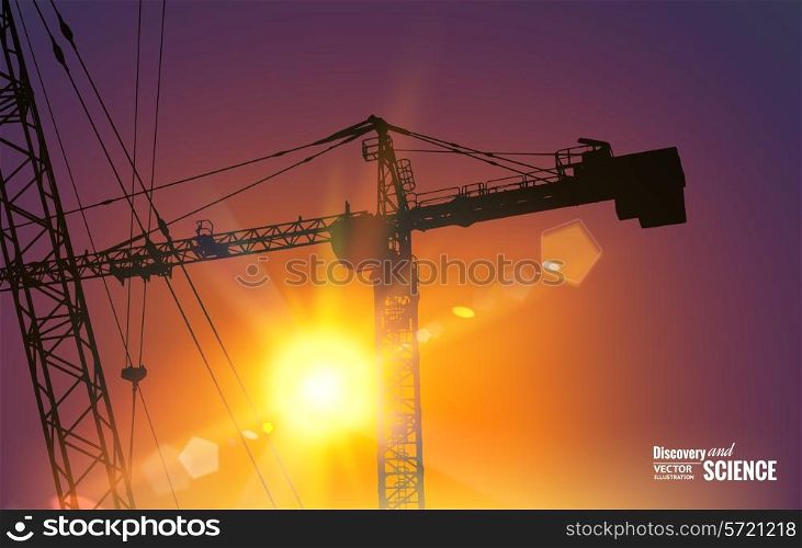 Highrise tower crane lifting the cargo over sunset. Vector illustration.