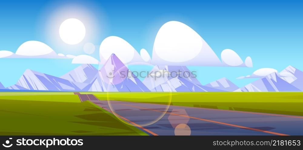 Highway at mountains landscape, empty road modern infrastructure with markup. Two-lane asphalted straight way, rocks and green field perspective view, summer nature, Cartoon vector illustration. Highway at mountains landscape, empty road, rocks