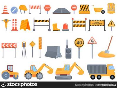 Highway construction icons set. Cartoon set of highway construction vector icons for web design. Highway construction icons set, cartoon style