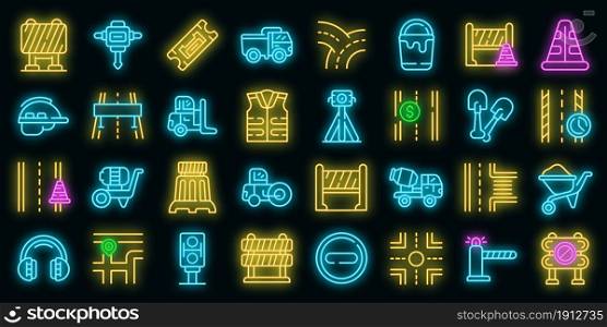 Highway construction icons set. Outline set of highway construction vector icons neon color on black. Highway construction icons set vector neon