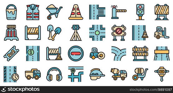 Highway construction icons set. Outline set of highway construction vector icons thin line color flat on white. Highway construction icons set vector flat