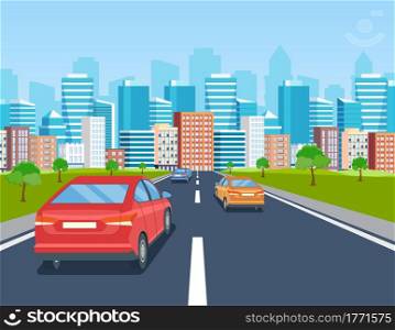 highway drive with beautiful landscape. Travel road car view. Road with cars leading to the city.. City traffic on highway with panoramic views vector illustration in flat design. highway drive with beautiful landscape.