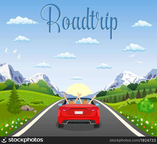 highway drive with beautiful landscape. Travel road car view. happy free couple in car driving with arms raised. vector illustration in flat design. highway drive with beautiful landscape.