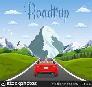 highway drive with beautiful landscape. Travel road car view. happy free couple in car driving with arms raised. vector illustration in flat design. highway drive with beautiful landscape.