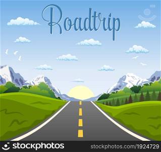 highway drive with beautiful landscape. Travel road car view. mountains horizon. vector illustration in flat design. highway drive with beautiful landscape.