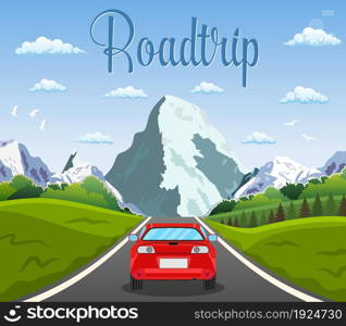 highway drive with beautiful landscape. Travel road car view. mountains horizon. vector illustration in flat design. highway drive with beautiful landscape.