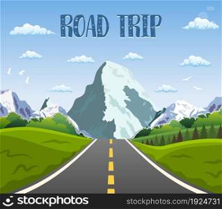 highway drive with beautiful landscape. Travel road car view. mountains horizon. vector illustration in flat design. highway drive with beautiful landscape.