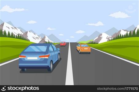 highway drive with beautiful landscape. Travel road car view. Road with cars. City traffic on highway with panoramic views vector illustration in flat design. highway drive with beautiful landscape.