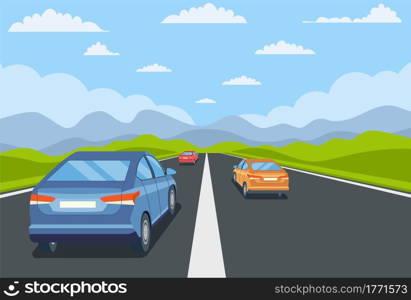 highway drive with beautiful landscape. Travel road car view. Road with cars. City traffic on highway with panoramic views vector illustration in flat design. highway drive with beautiful landscape.