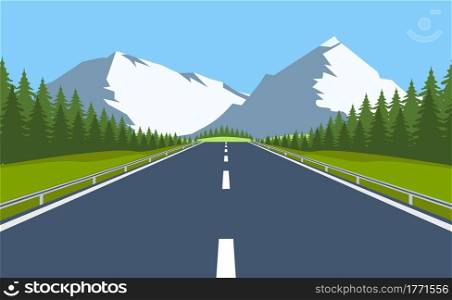 highway drive with beautiful landscape. Travel road car view. vector illustration in flat design. highway drive with beautiful landscape.