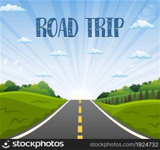 highway drive with beautiful landscape. Travel road car view. vector illustration in flat design. highway drive with beautiful landscape.