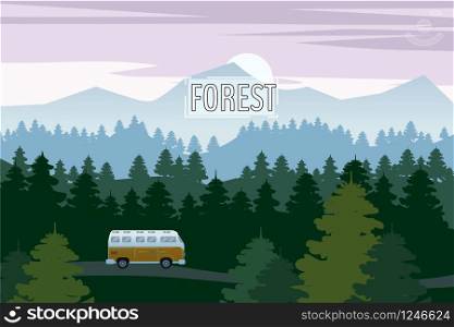 Highway drive with beautiful spruce forest landscape. Highway drive adventure travel Summer driving. Mountains horizon. Vector cartoon style. Highway drive with beautiful spruce forest landscape. Highway drive adventure travel Summer driving. Mountains horizon. Vector cartoon style, isolated