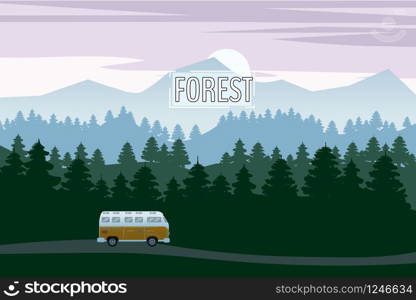 Highway drive with beautiful spruce forest landscape. Highway drive adventure travel Summer driving. Mountains horizon. Vector cartoon style. Highway drive with beautiful spruce forest landscape. Highway drive adventure travel Summer driving. Mountains horizon. Vector cartoon style, isolated