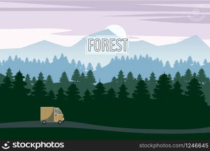 Highway drive with beautiful spruce forest landscape. Highway drive adventure travel Summer driving. Mountains horizon. Vector cartoon style. Highway drive with beautiful spruce forest landscape. Highway drive adventure travel Summer driving. Mountains horizon. Vector cartoon style, isolated