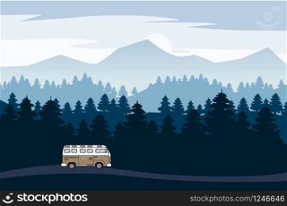 Highway drive with beautiful spruce forest landscape. Highway drive adventure travel Summer driving. Mountains horizon. Vector cartoon style. Highway drive with beautiful spruce forest landscape. Highway drive adventure travel Summer driving. Mountains horizon. Vector cartoon style, isolated