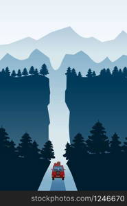 Highway drive with beautiful spruce forest landscape. Highway drive adventure travel Summer driving. Mountains horizon. Vector cartoon style. Highway drive with beautiful mountain spruce forest landscape, road through the canyon. Highway drive adventure travel Summer driving. Mountains horizon. Vector cartoon style, isolated