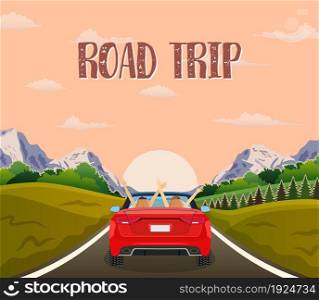 highway drive with beautiful sunrise landscape. Travel road car view. happy free couple in car driving with arms raised. vector illustration in flat design. highway drive with beautiful sunrise landscape.