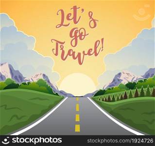 highway drive with beautiful sunrise landscape. Travel road car view. mountains horizon. vector illustration in flat design. highway drive with beautiful sunrise landscape.