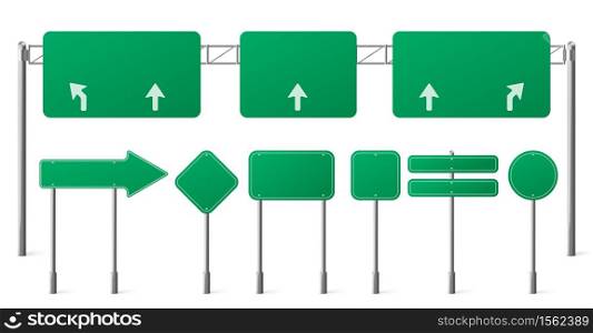 Highway green road signs, blank signage boards on steel poles for pointing city traffic direction, empty panels with white guide arrows isolated on white background Realistic 3d vector illustration. Highway green road signs, blank signage boards set