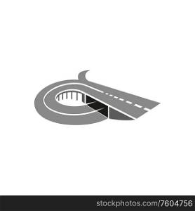 Highway leading under overpass way isolated round road interchange. Vector transportation traffic sign. Round road interchange, overpass highway isolated