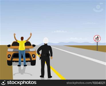 Highway patrol is instructing men to stand back and hold hands in front of cars. With mountains and blue sky in the background