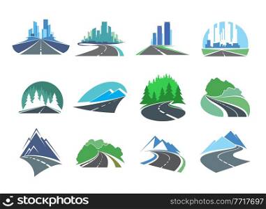 Highway road, driveway or freeway icons with city skyline, forest and mountain. Vector emblems with metropolis, countryside asphalt road, speedway and pathway with skyscrapers on horizon, spruce trees. Highway icon with skyscrapers, trees and mountains