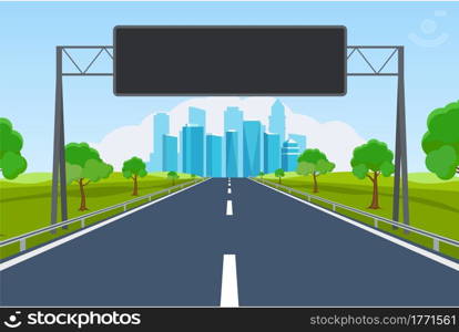 highway road. Empty road with city skyline on horizon and nature landscape. road to city with information dashboard. vector illustration in flat design. Empty road with city skyline