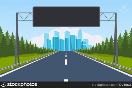 highway road. Empty road with city skyline on horizon and nature landscape. road to city with information dashboard. vector illustration in flat design. Empty road with city skyline