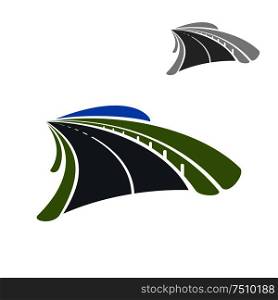 Highway road icon passes among green fields. Transportation or journey concept design. Icon of road among green fields