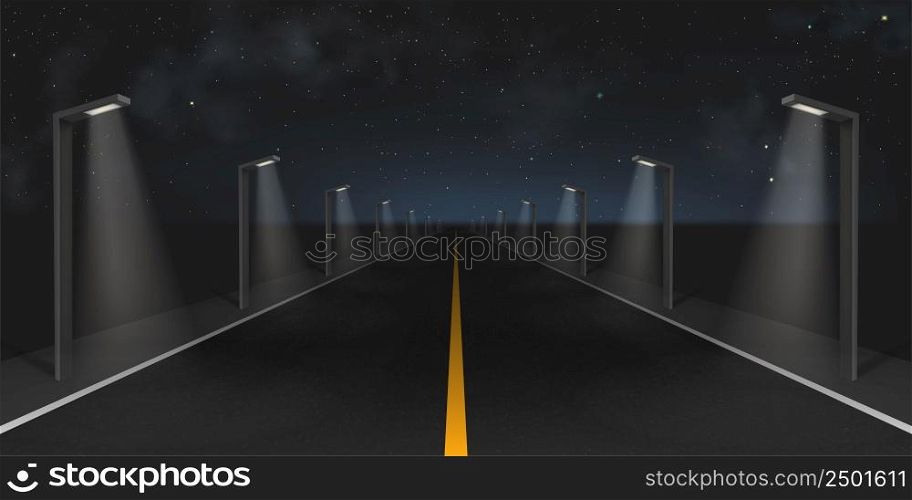Highway road or city street with street lights at night. Vector realistic illustration of landscape with straight black asphalt road, modern led lanterns and stars in dark sky. Highway road with street lights at night