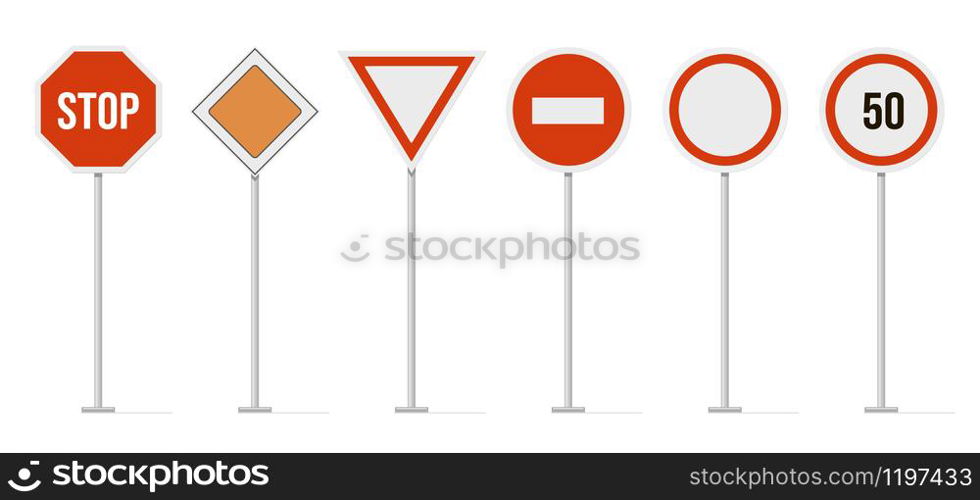 Highway road signs. Traffic road, highway limit speed street sign, restricted urban and highway symbols. Regulatory, warning, and guide character signs vector isolated icon set. Direction sign boards. Highway road signs. Traffic road, highway speed street sign, restricted urban and highway symbols. Regulatory, warning, and guide character signs vector isolated icon set